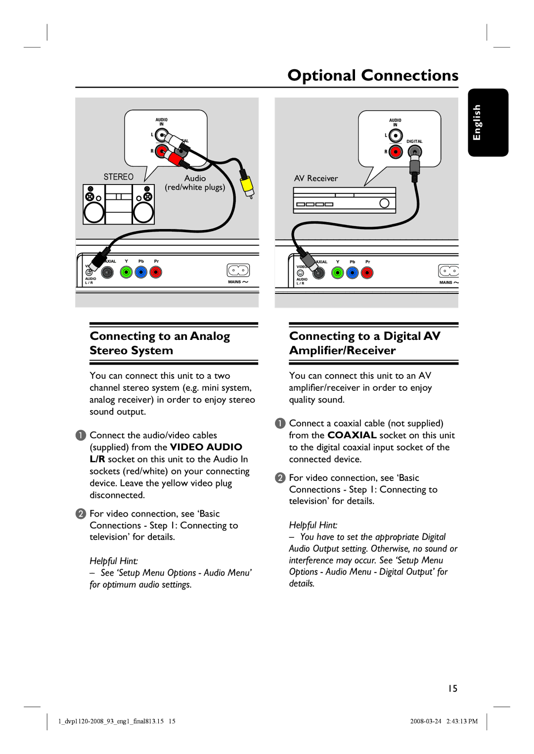 Philips DVP2008 Optional Connections, Connecting to an Analog Stereo System, Connecting to a Digital AV Amplifier/Receiver 
