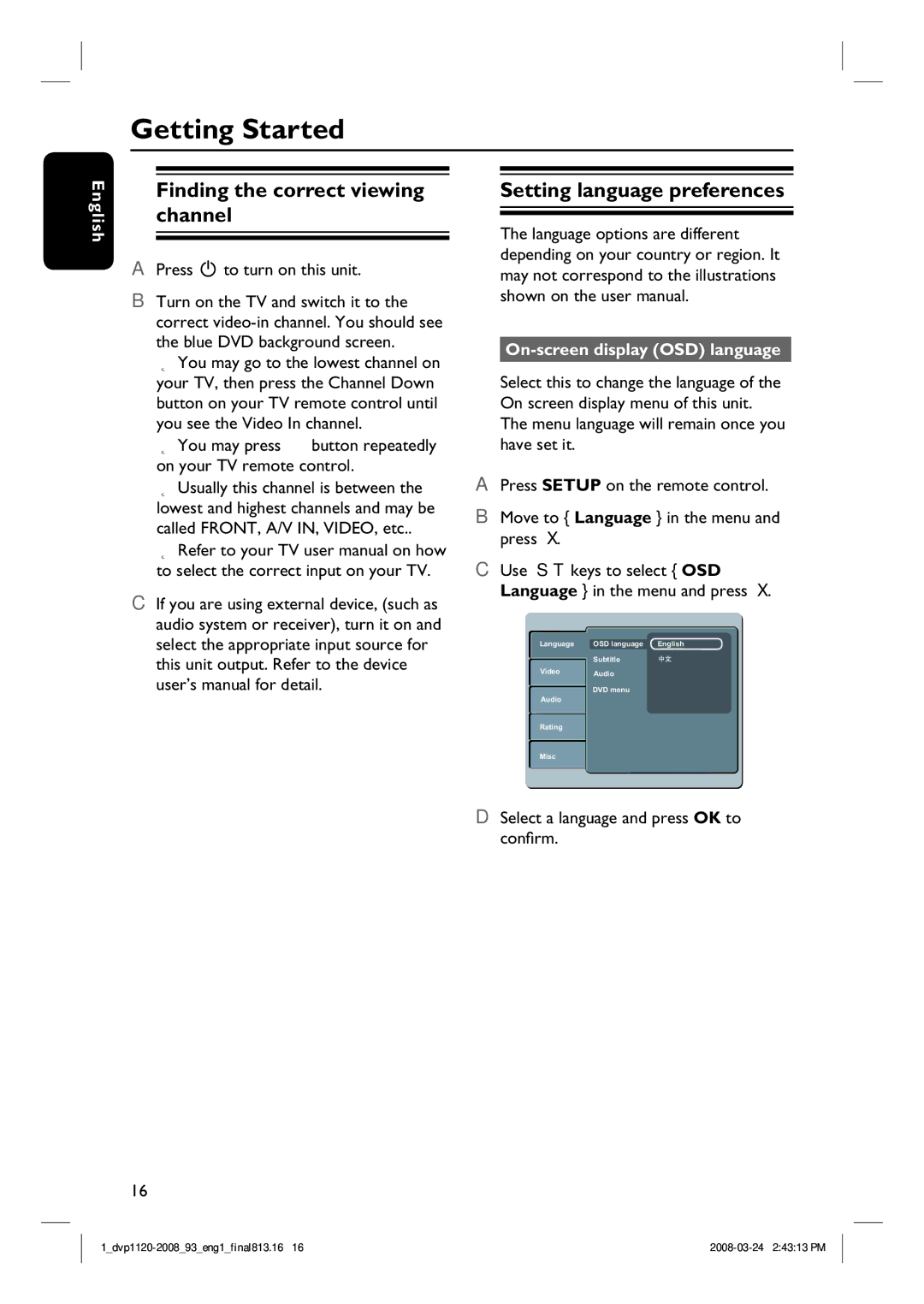 Philips DVP1120/93, DVP2008 manual Getting Started, Finding the correct viewing channel, Setting language preferences 