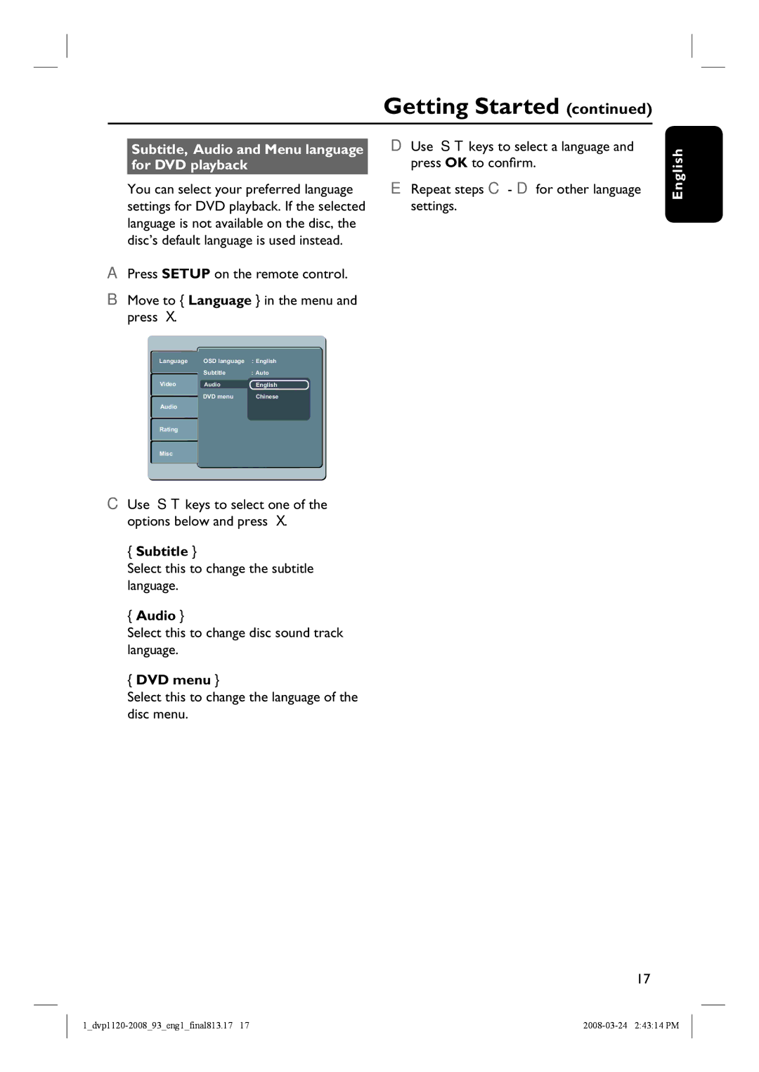 Philips DVP2008, DVP1120/93 manual Subtitle, Audio and Menu language for DVD playback, DVD menu 