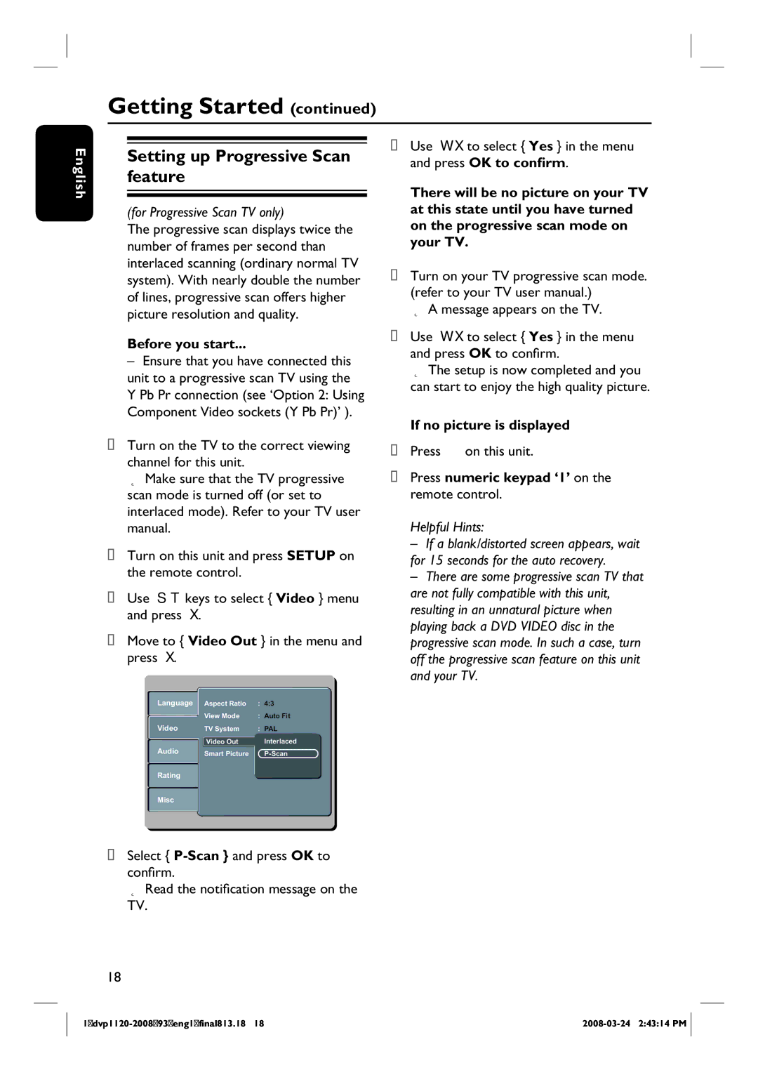 Philips DVP1120/93, DVP2008 manual Setting up Progressive Scan feature, Before you start, If no picture is displayed 