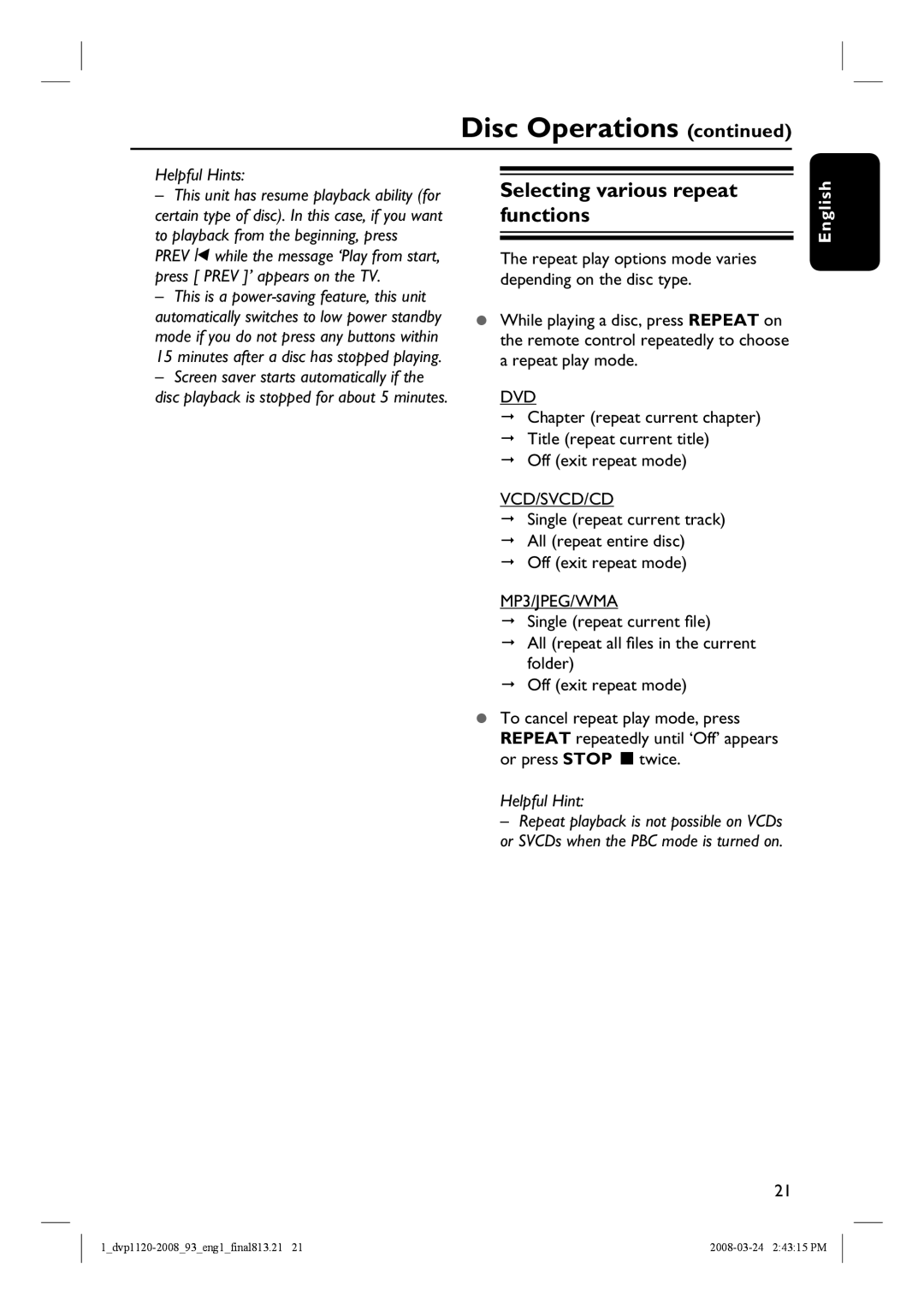 Philips DVP2008, DVP1120/93 manual Selecting various repeat functions, Off exit repeat mode 