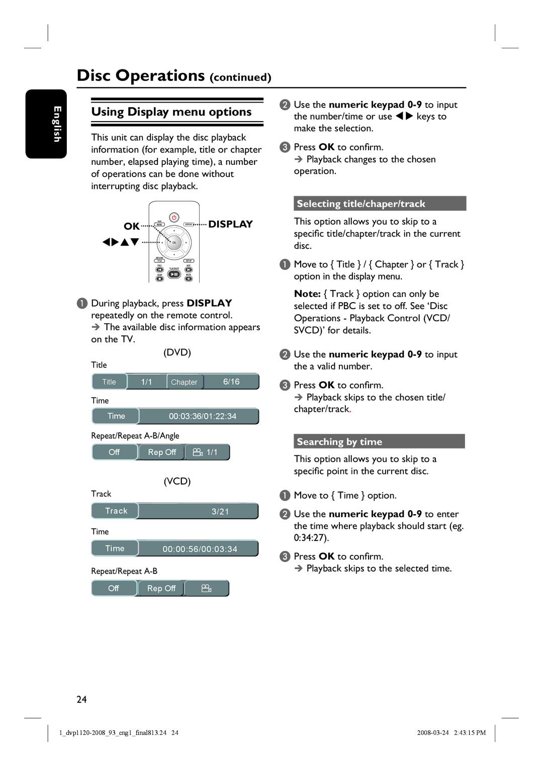 Philips DVP1120/93, DVP2008 Using Display menu options, Use the numeric keypad 0-9 to input, Selecting title/chaper/track 