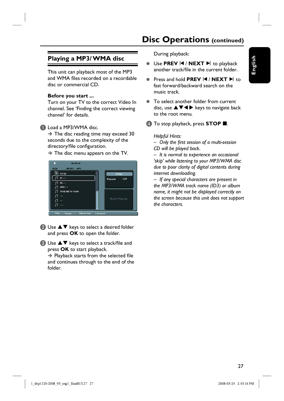 Philips DVP2008 manual Playing a MP3/ WMA disc, Disc menu appears on the TV, During playback, Press OK to open the folder 