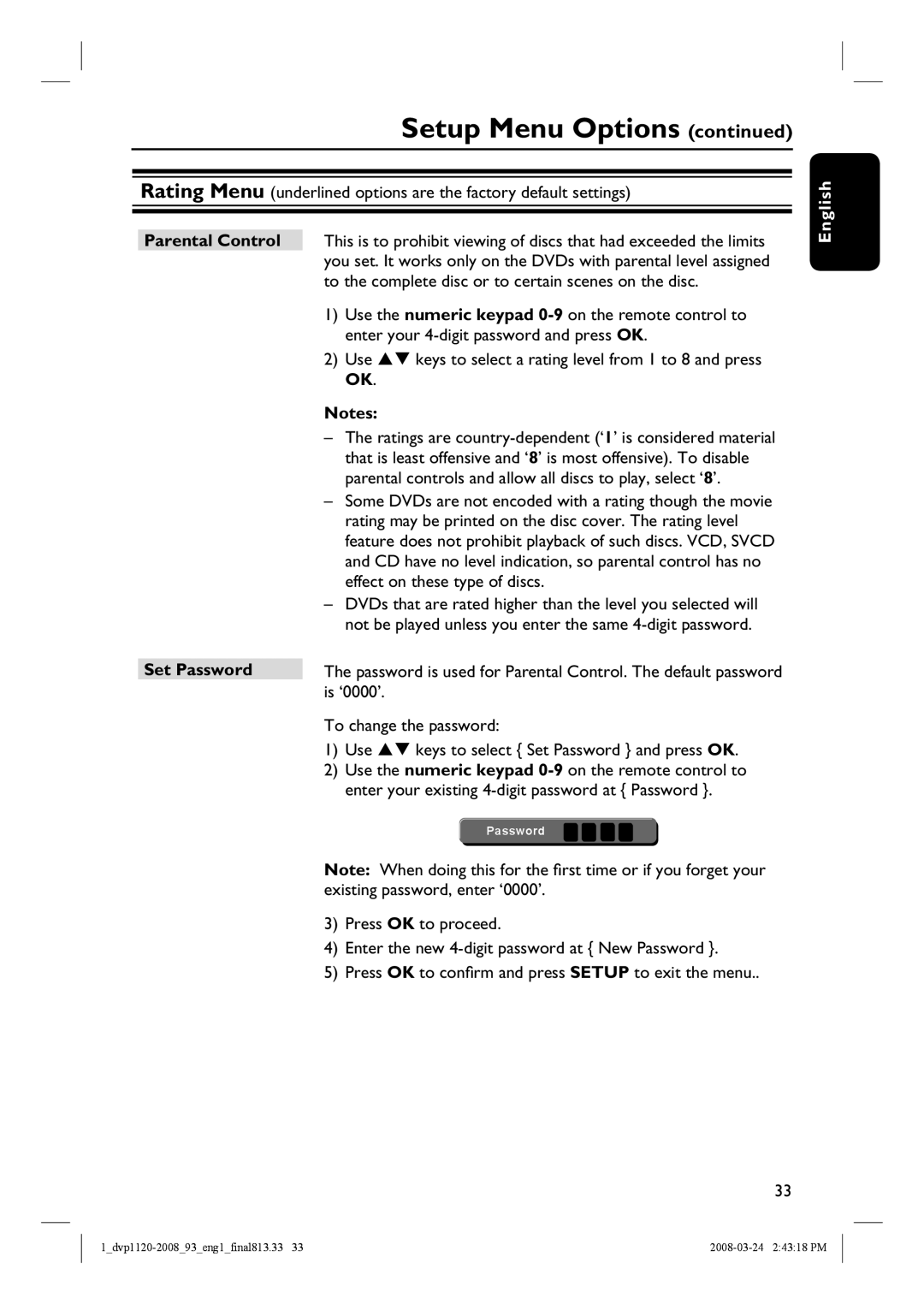 Philips DVP2008, DVP1120/93 manual Set Password 