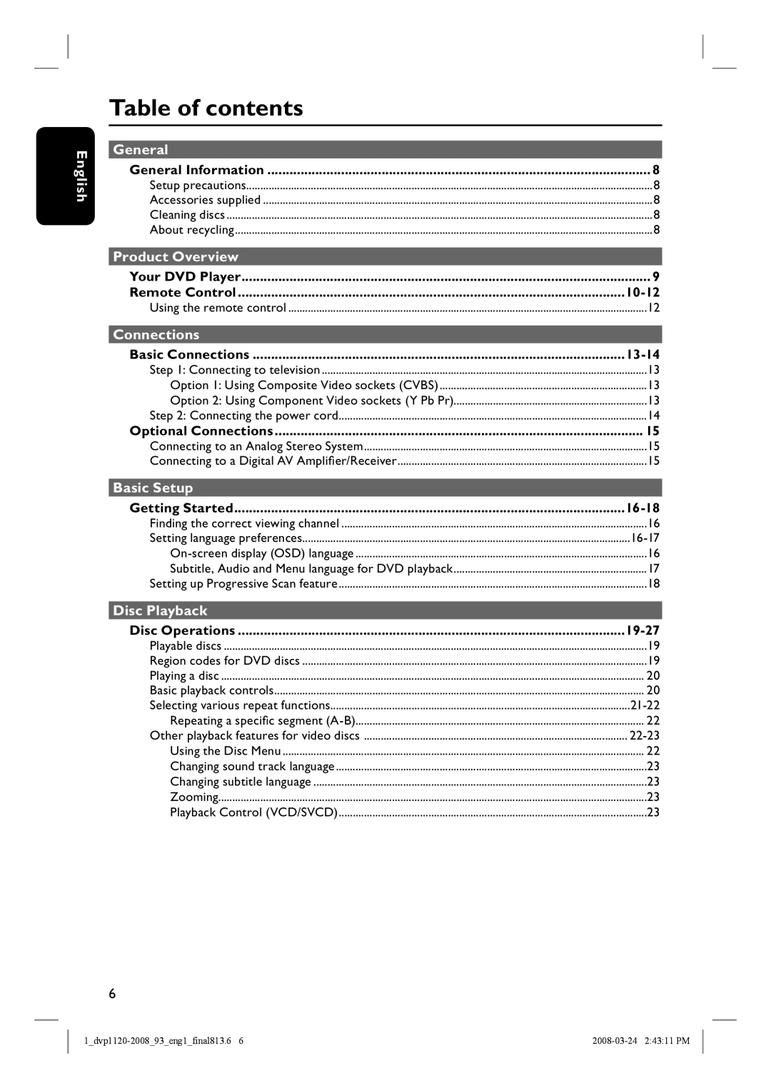 Philips DVP1120/93, DVP2008 manual Table of contents 