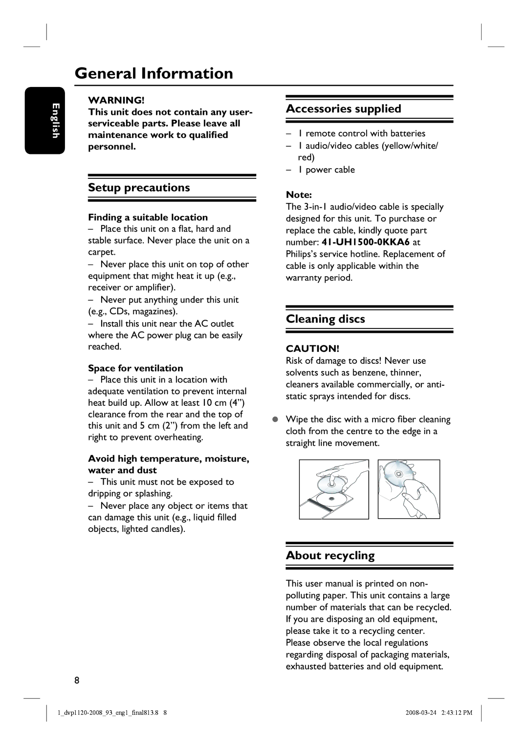 Philips DVP1120/93, DVP2008 manual Setup precautions, Accessories supplied, Cleaning discs, About recycling 