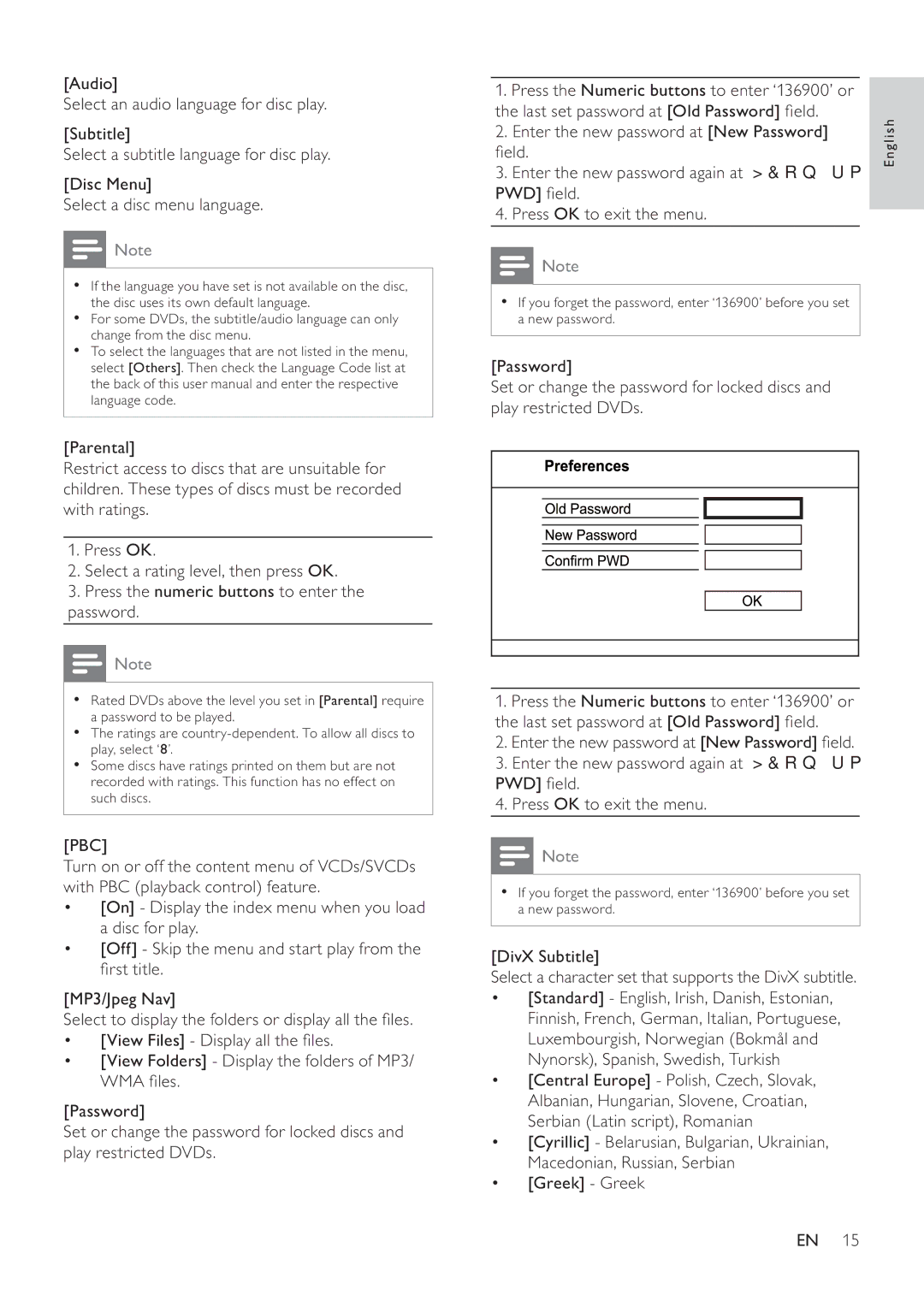 Philips DVP2320 user manual 6HOHFWDGLVFPHQXODQJXDJH, ZlwkUdwlqjv, Sdvvzrug, Pbc, ÀuvwWlwoh 