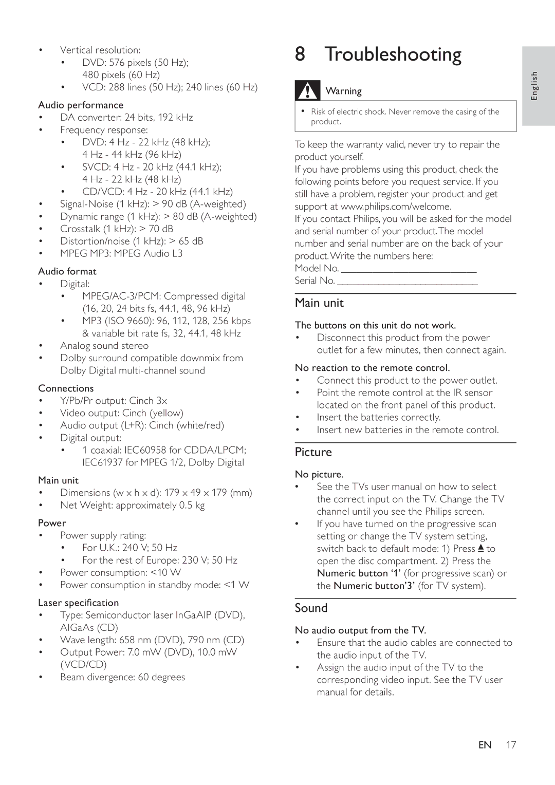 Philips DVP2320 user manual Troubleshooting, Picture, Sound 