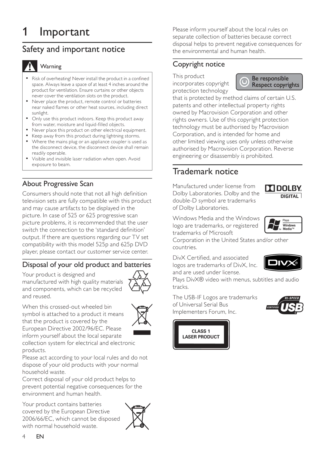 Philips DVP2320 user manual Safety and important notice, Trademark notice, About Progressive Scan, Copyright notice 