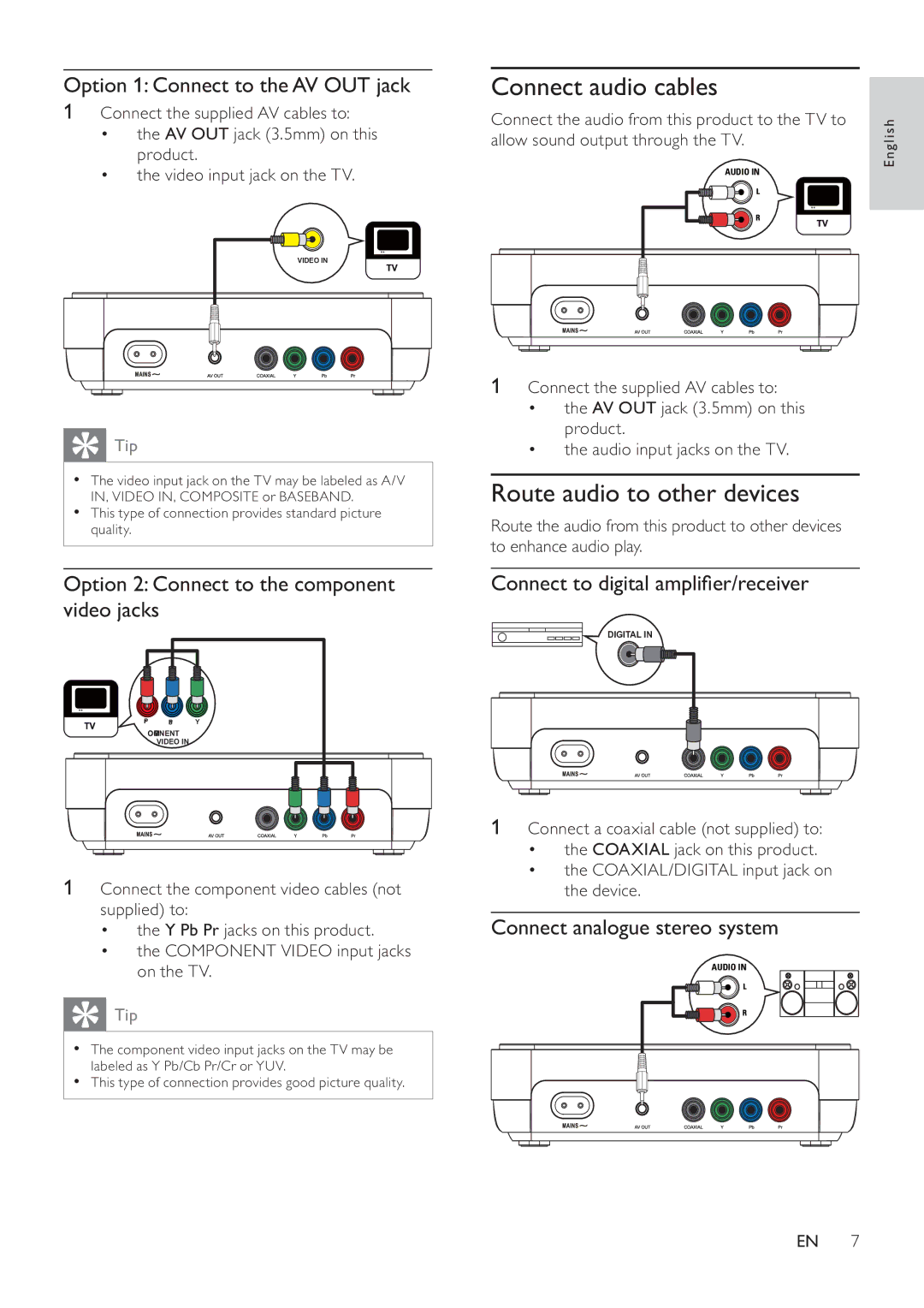 Philips DVP2320 user manual Connect audio cables, Route audio to other devices, Option 1 Connect to the AV OUT jack 