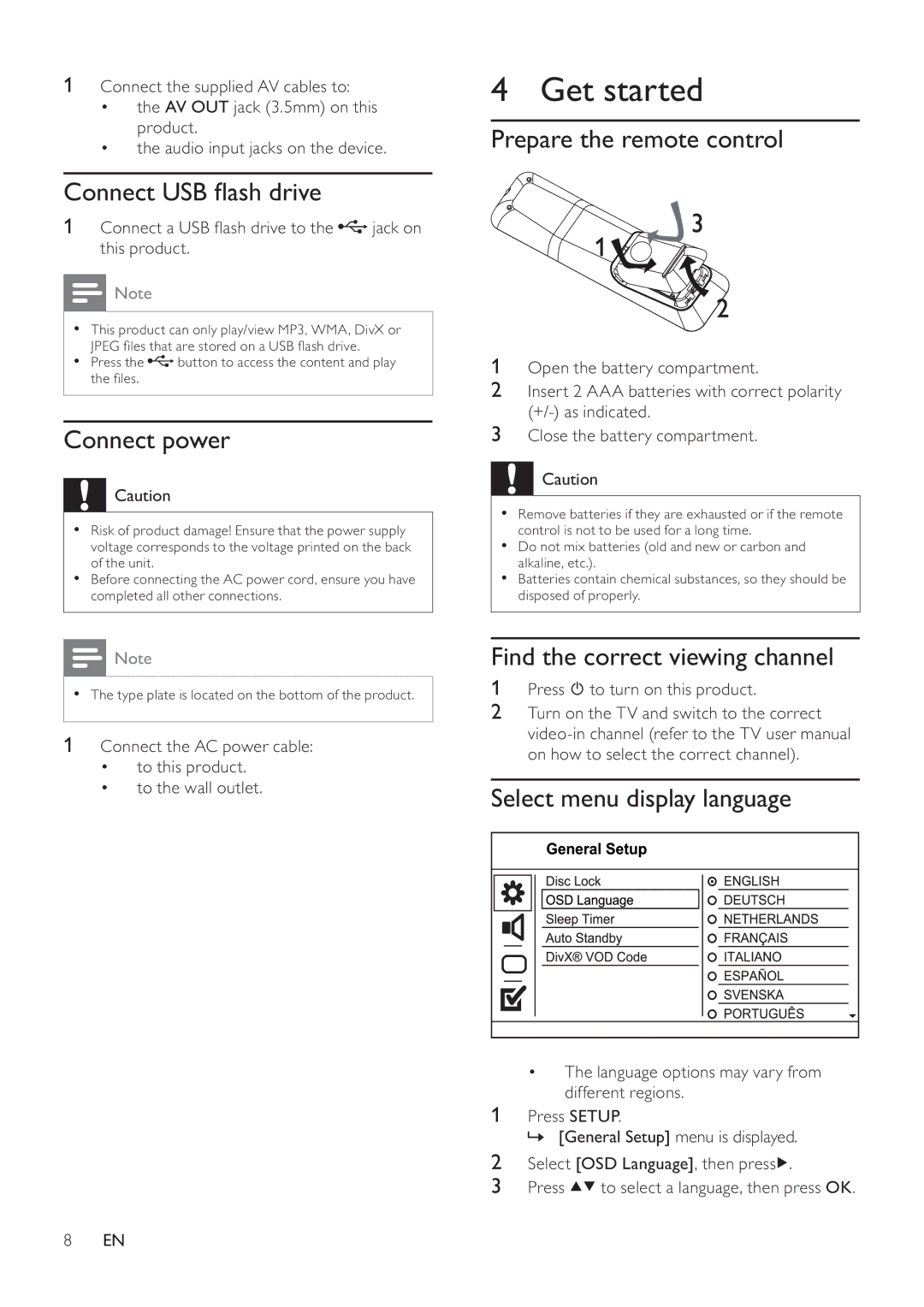 Philips DVP2320 user manual Get started, Connect power, Prepare the remote control, Find the correct viewing channel 