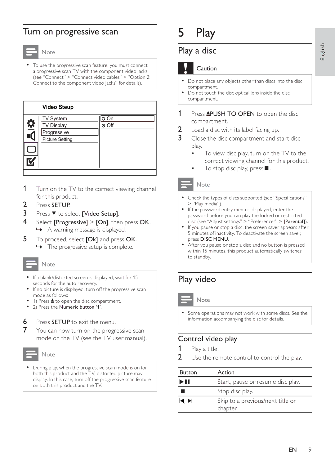 Philips DVP2320 user manual Turn on progressive scan, Play a disc, Play video, Control video play 