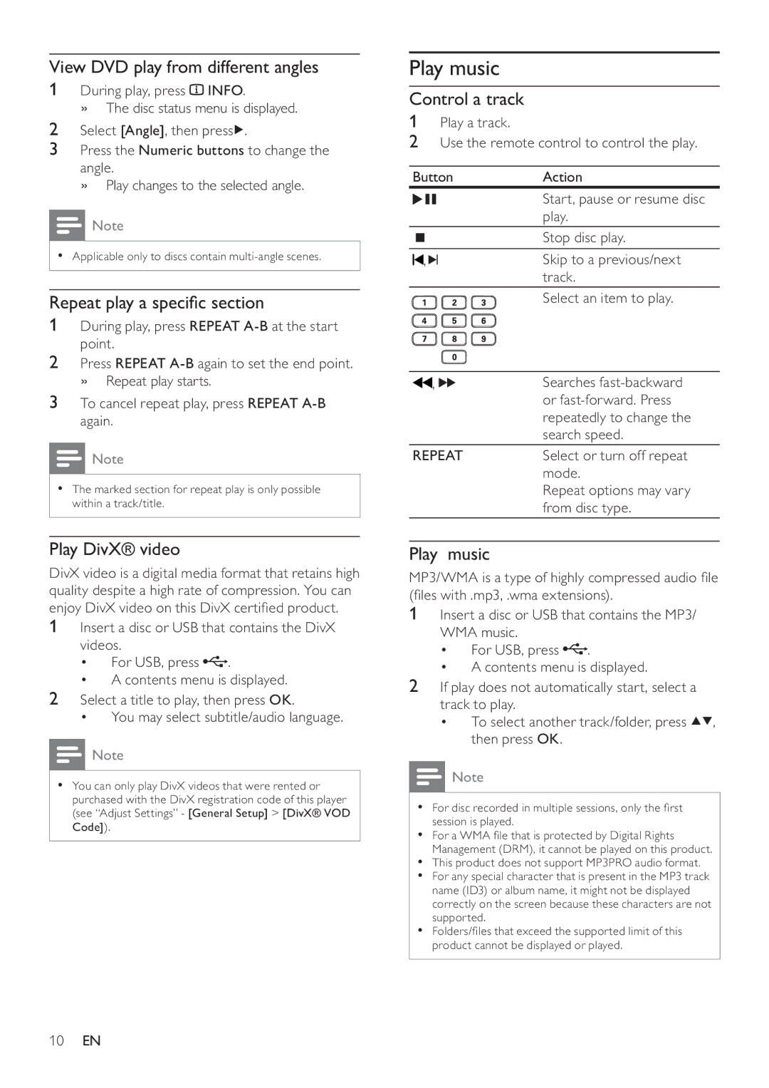 Philips DVP2320BL/12 user manual Play music, Control a track 