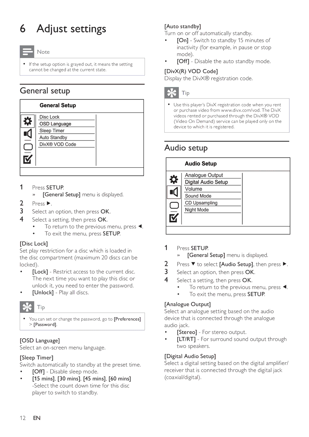 Philips DVP2320BL/12 user manual Adjust settings, General setup, Audio setup, Unlock Play all discs 