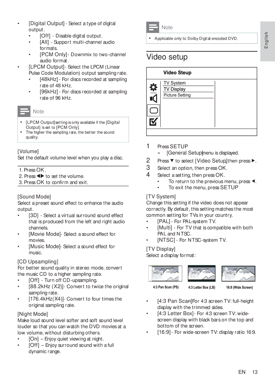 Philips DVP2320BL/12 user manual Video setup 