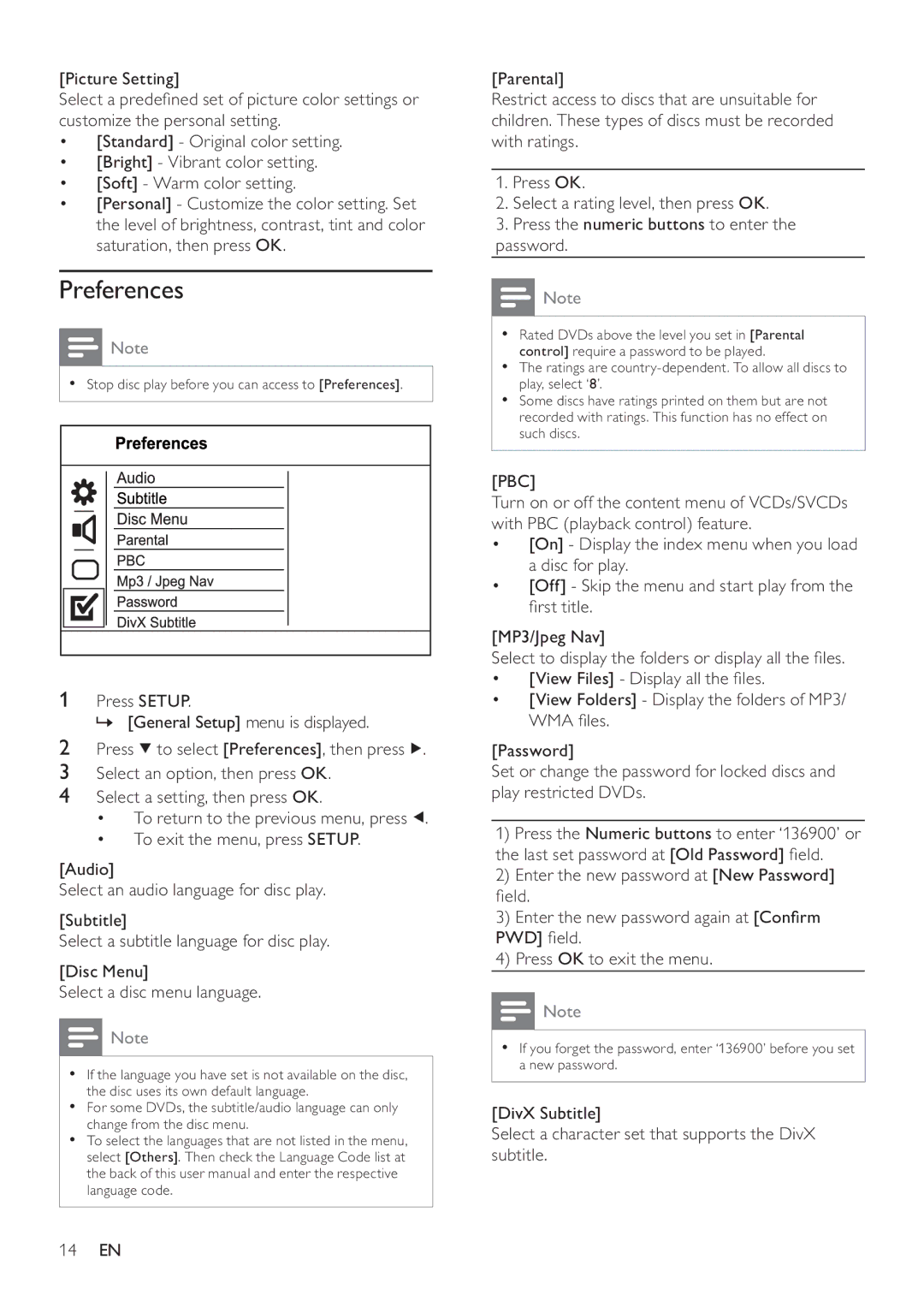 Philips DVP2320BL/12 user manual Preferences, Pbc 