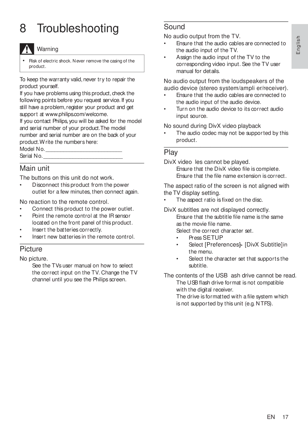 Philips DVP2320BL/12 user manual Troubleshooting, Picture, Sound, Play 