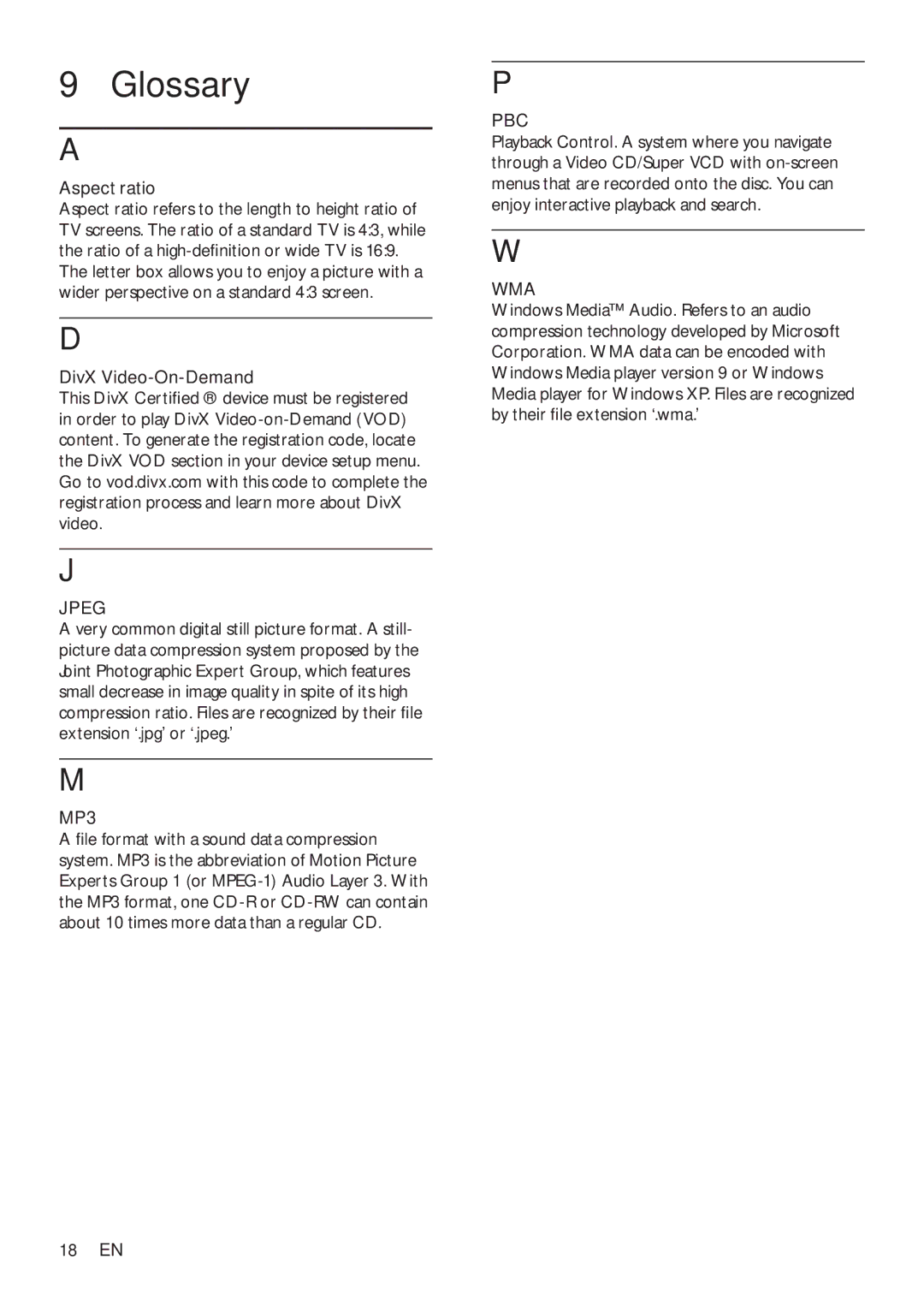 Philips DVP2320BL/12 user manual Glossary, Jpeg, MP3, Wma 