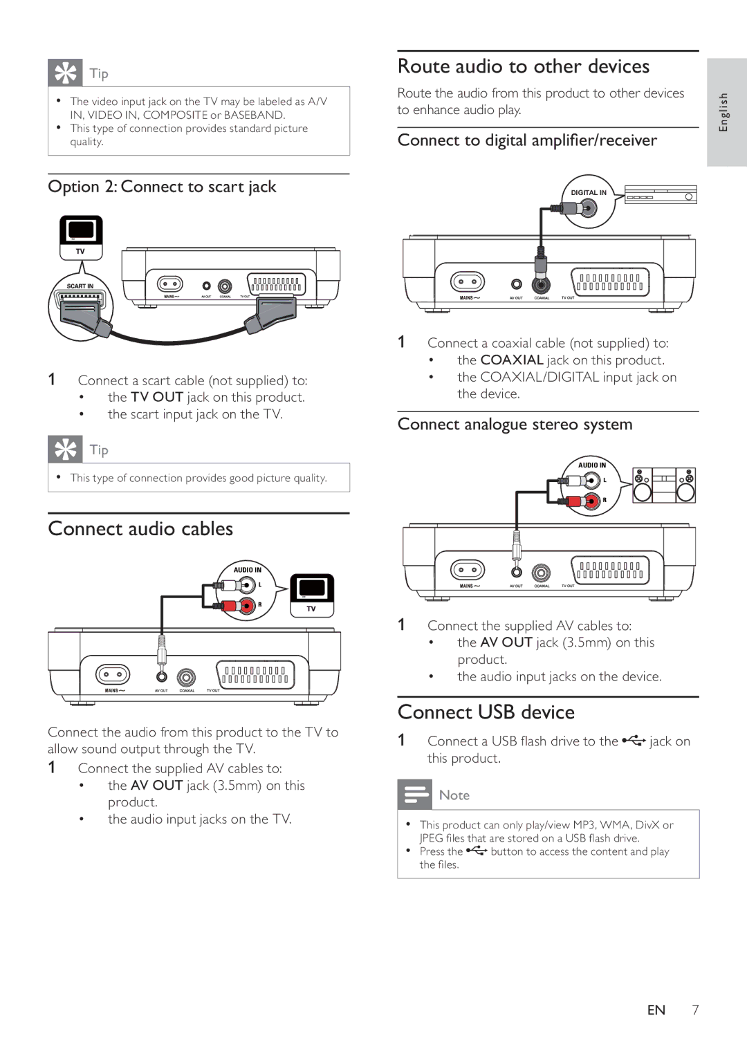 Philips DVP2320BL/12 user manual Connect audio cables, Route audio to other devices, Connect USB device 