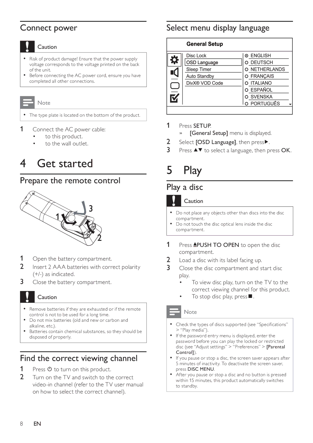 Philips DVP2320BL/12 user manual Get started, Play 