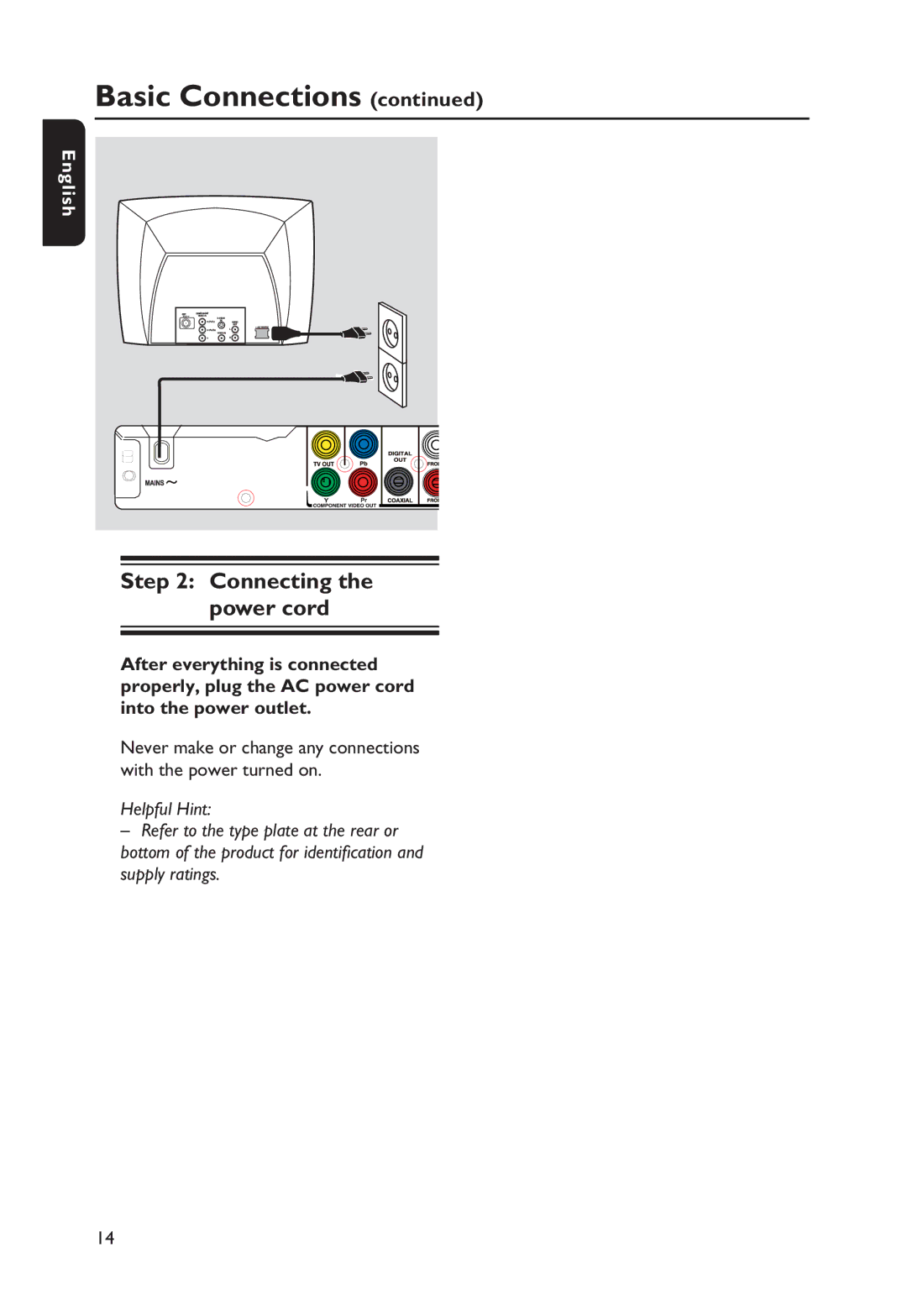 Philips HTP3256K/93, DVP256K manual Connecting the power cord 