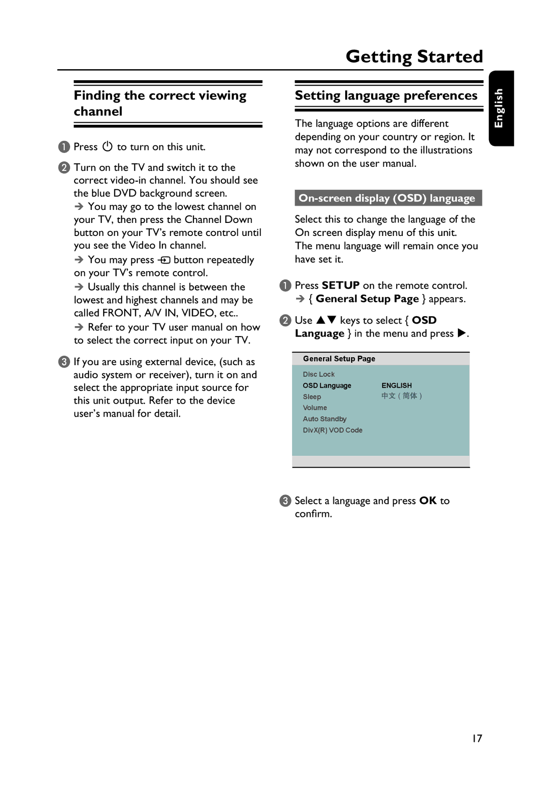 Philips HTP3256K/93, DVP256K manual Getting Started, Finding the correct viewing channel, On-screen display OSD language 