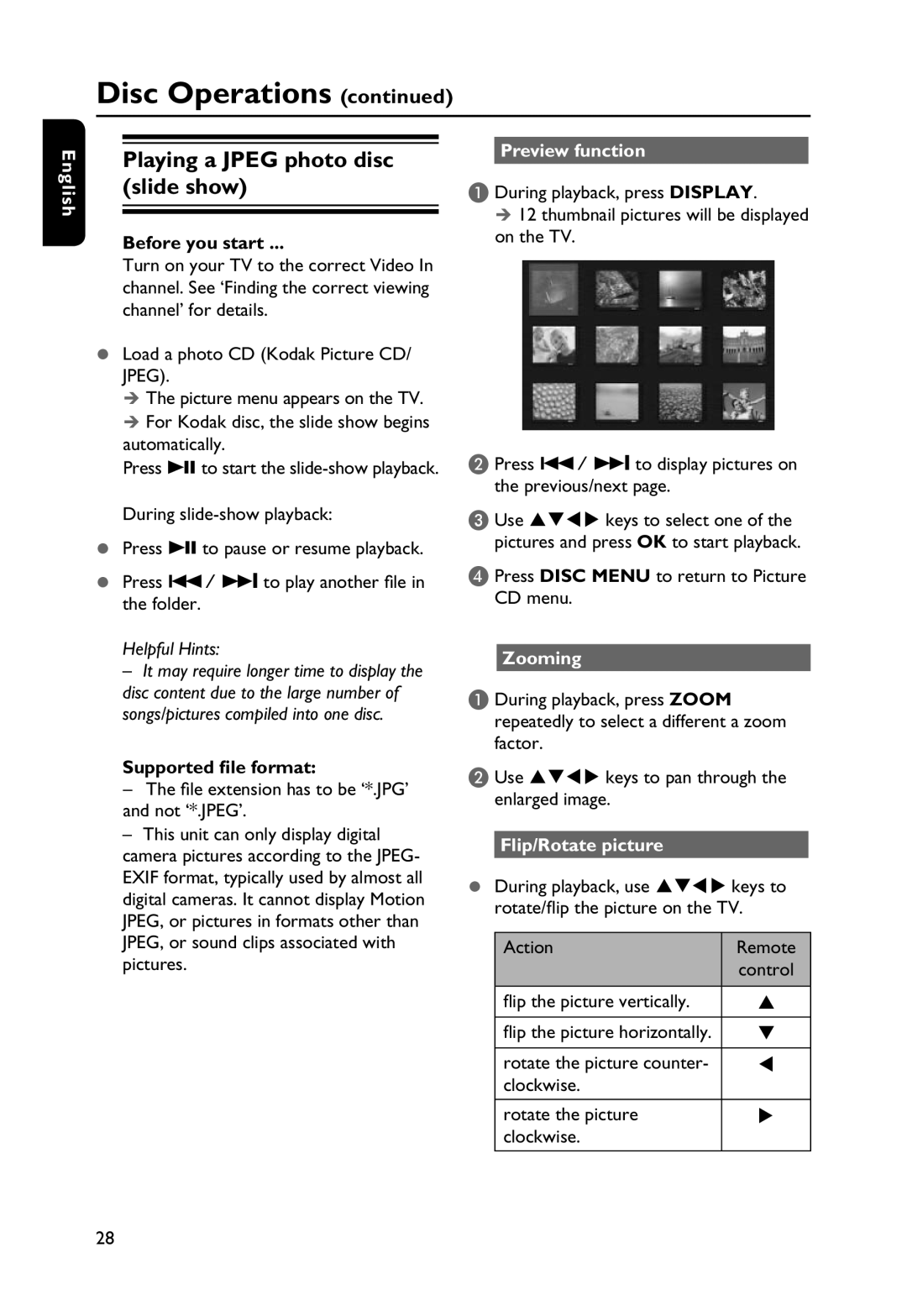 Philips HTP3256K manual Playing a Jpeg photo disc, Slide show, Supported file format, Preview function, Flip/Rotate picture 