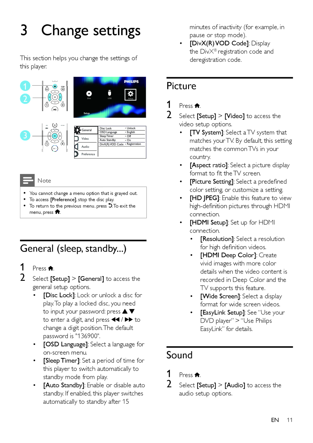 Philips DVP2880 user manual Change settings, General sleep, standby, Picture, Sound 