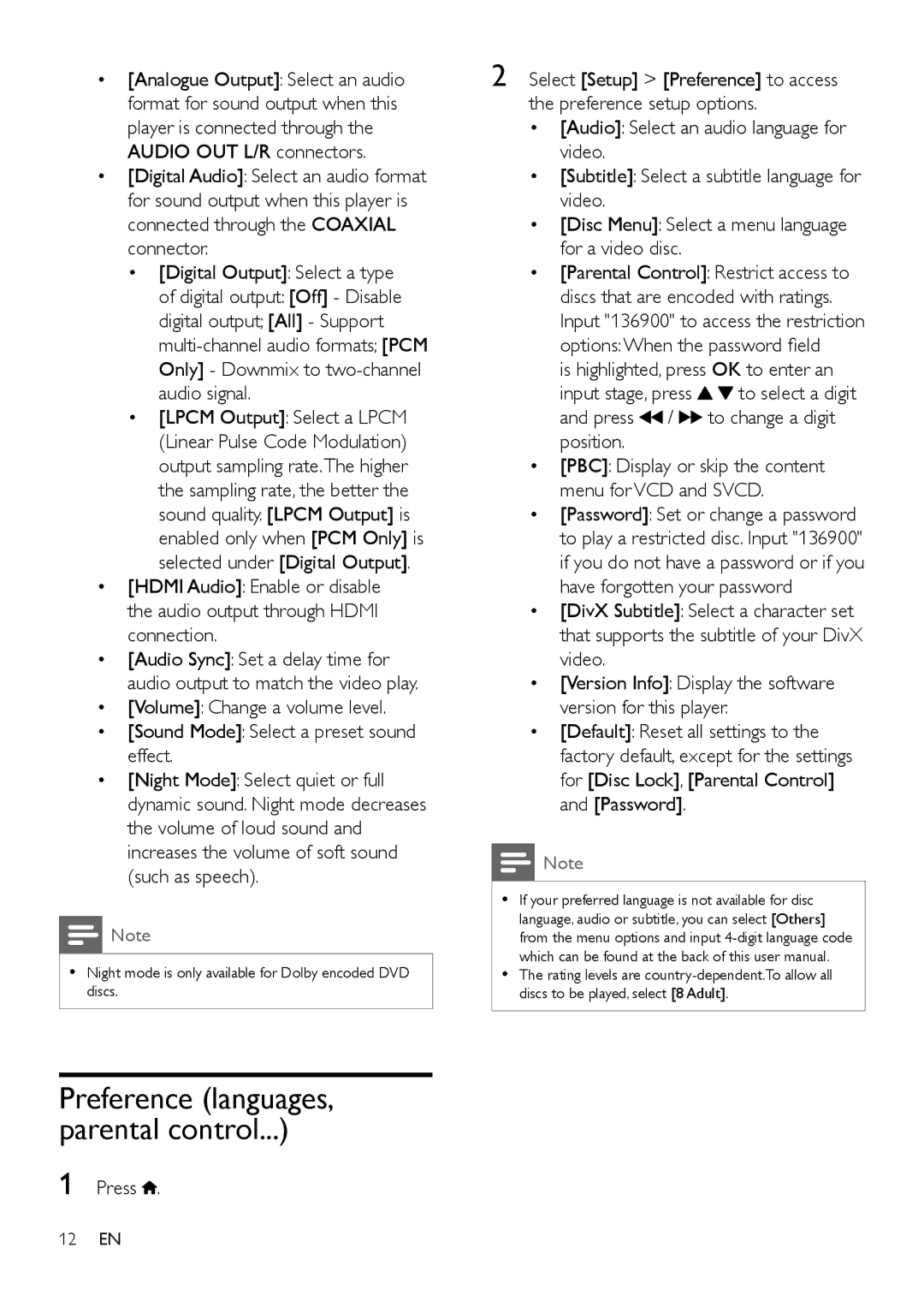 Philips DVP2880 user manual Preference languages, parental control 