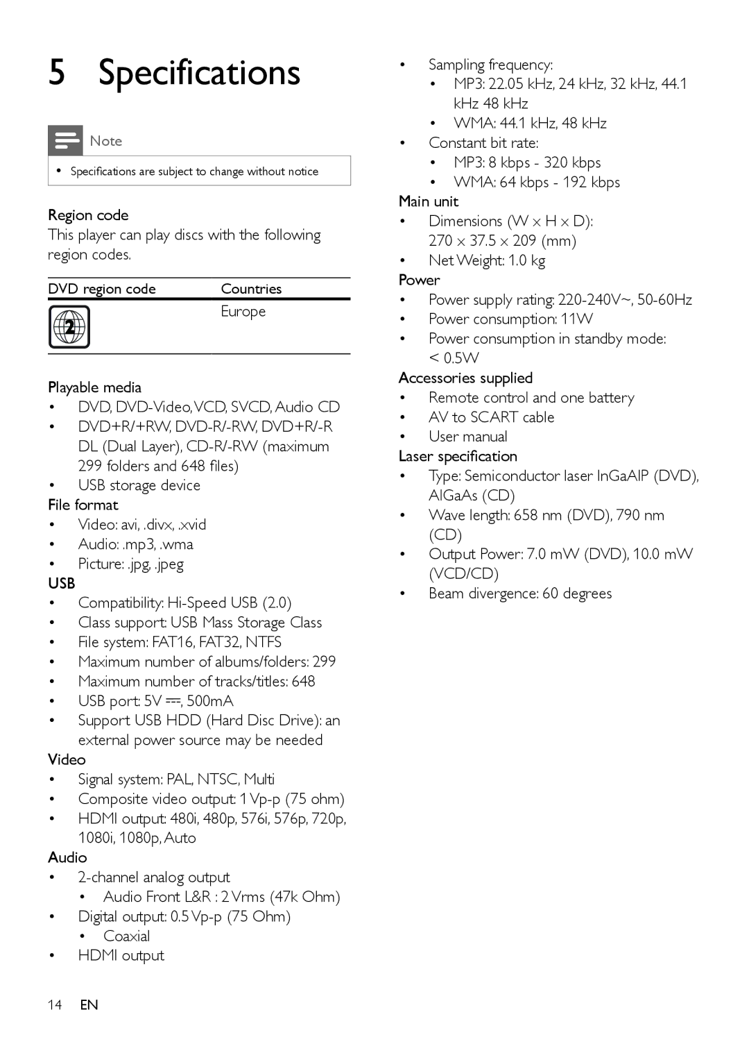 Philips DVP2880 user manual Specifications, Usb 