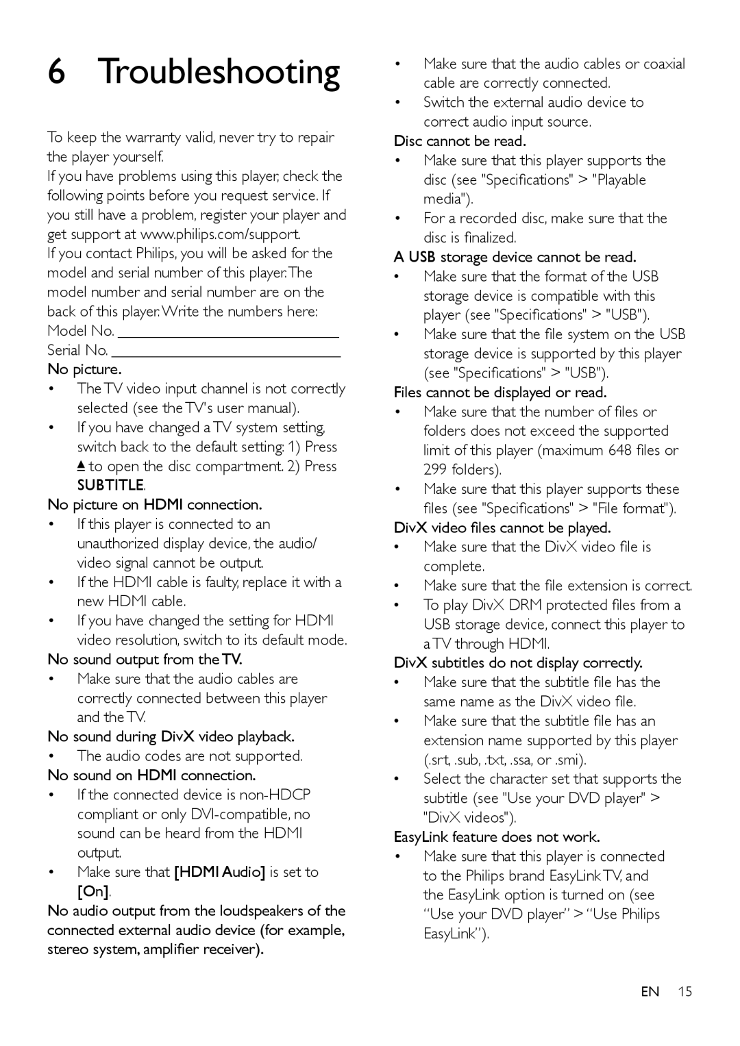 Philips DVP2880 user manual Troubleshooting, Serial No No picture 