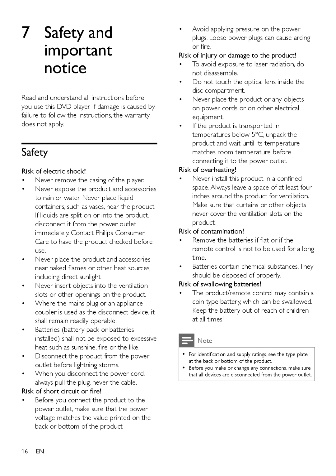 Philips DVP2880 user manual Safety and important notice 