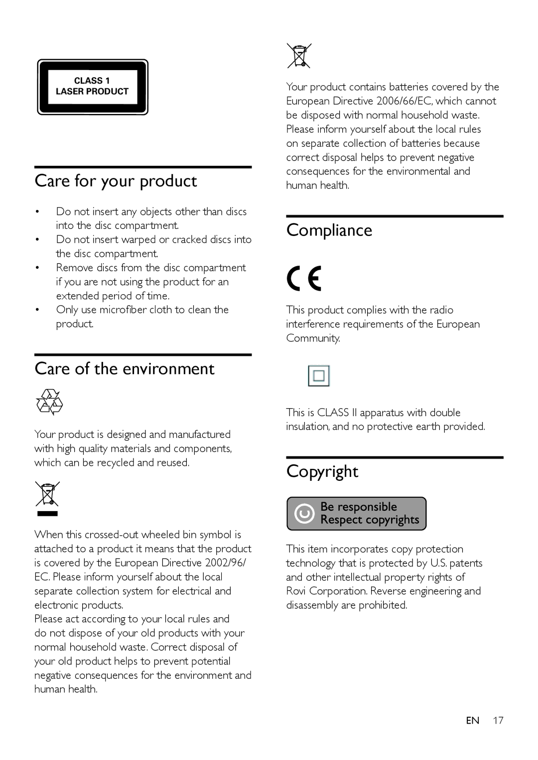 Philips DVP2880 user manual Care for your product, Care of the environment, Compliance, Copyright 