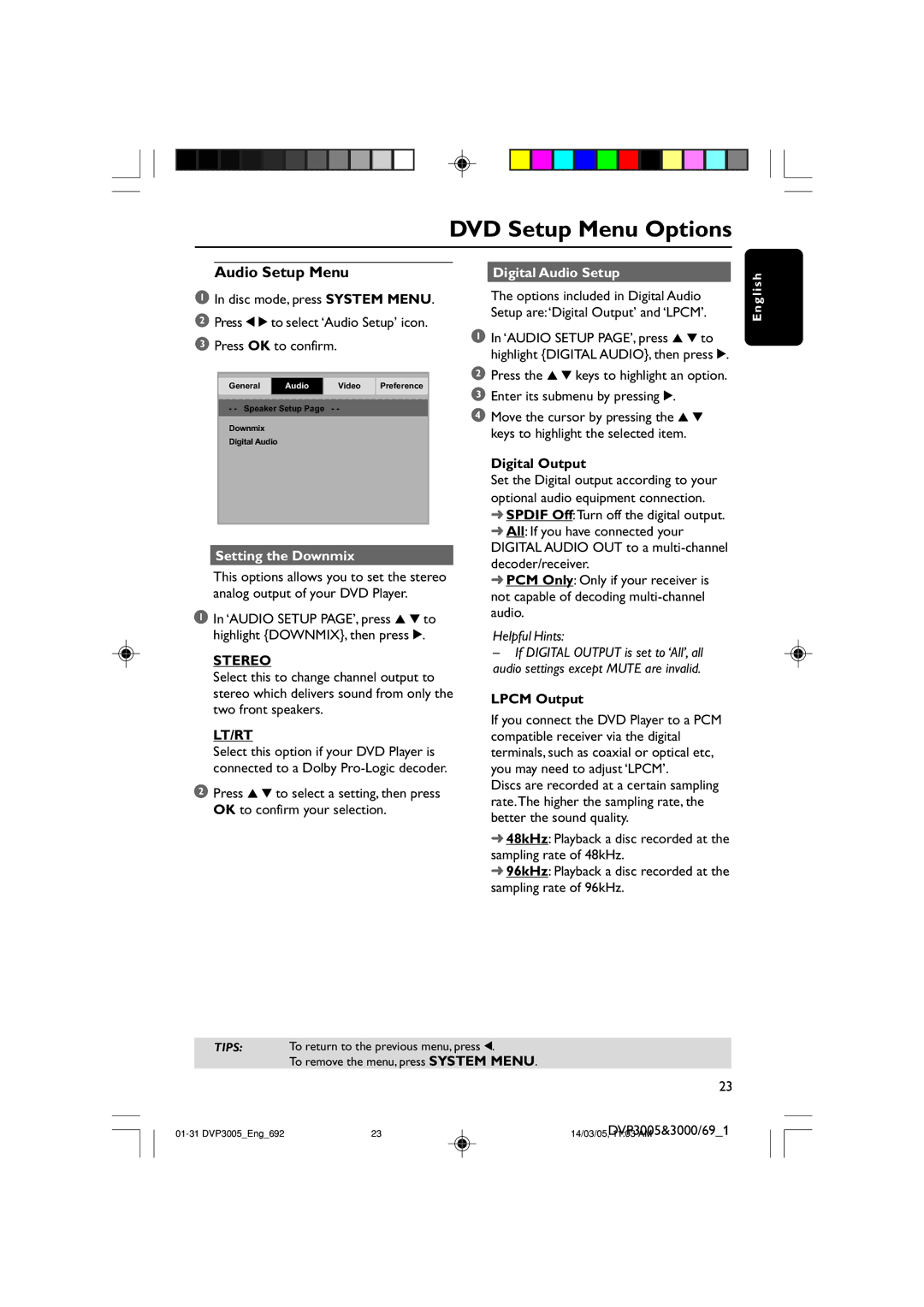 Philips DVP3005/69, DVP3000/69 user manual Audio Setup Menu, Setting the Downmix, Stereo, Lt/Rt, Digital Audio Setup 