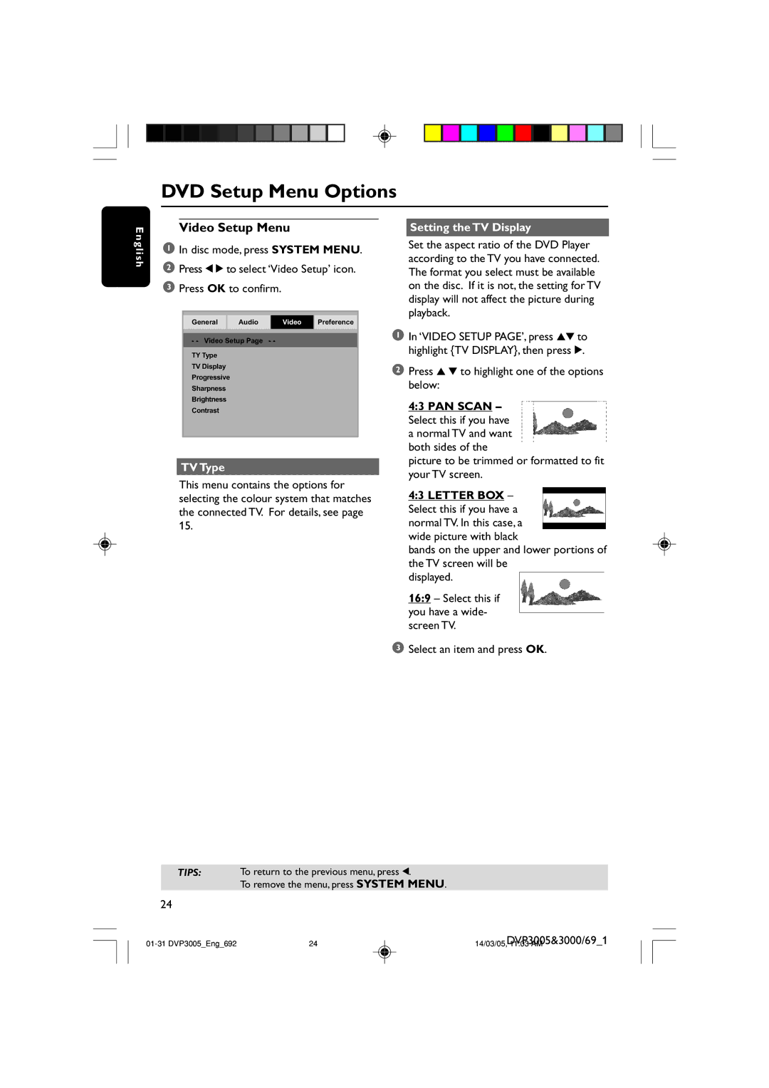 Philips DVP3000/69, DVP3005/69 user manual Video Setup Menu, TV Type, Setting the TV Display 