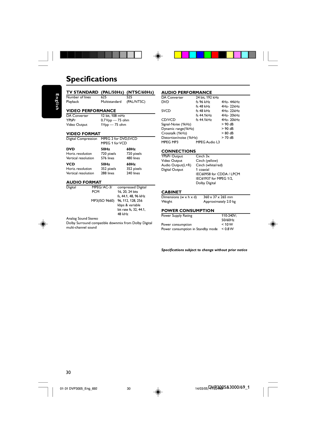 Philips DVP3000/69, DVP3005/69 user manual Specifications, Video Format 