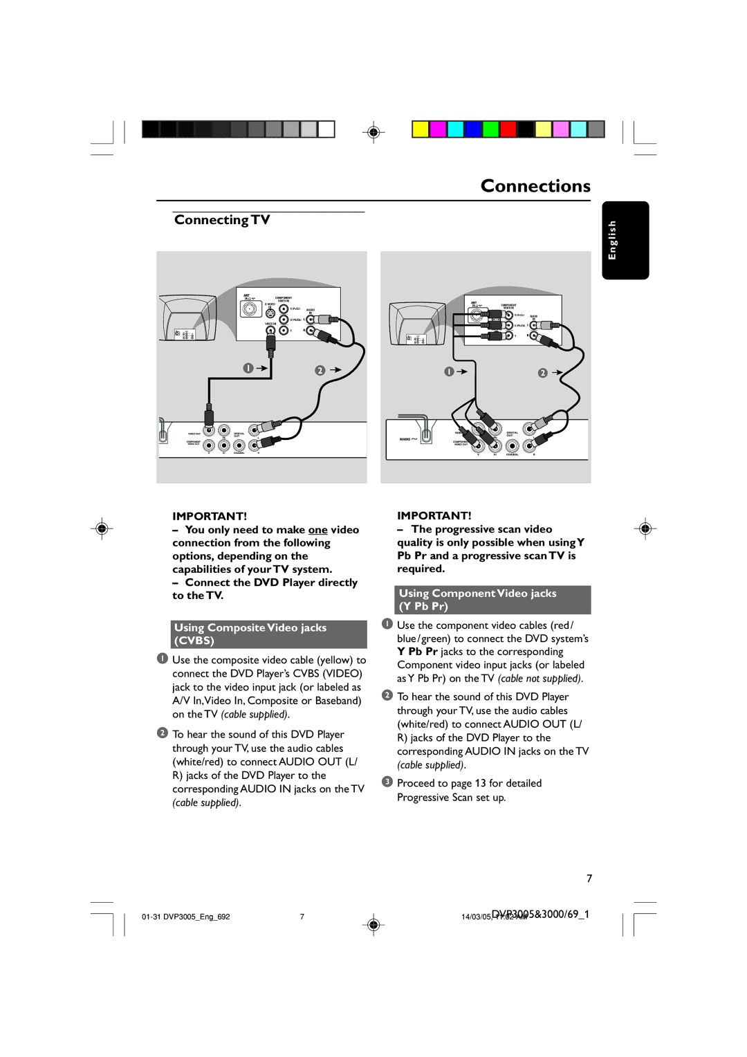 Philips DVP3005/69, DVP3000/69 user manual Using Composite Video jacks Cvbs, Using Component Video jacks Y Pb Pr 