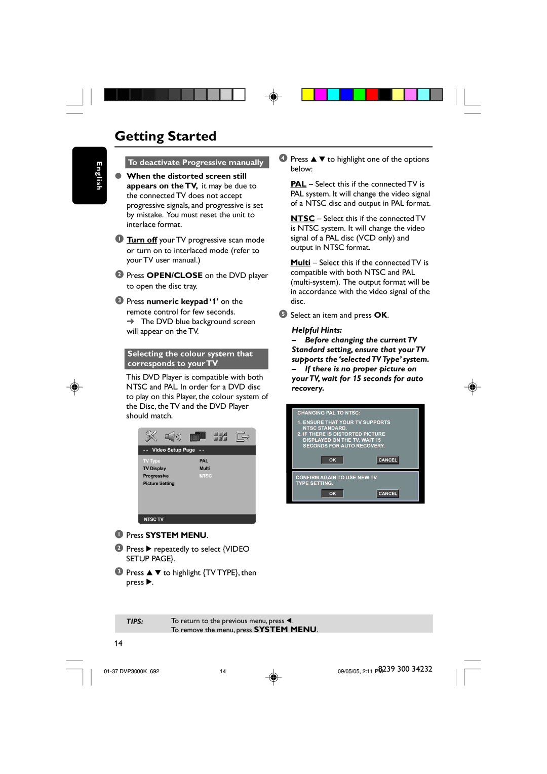 Philips DVP3000K user manual To deactivate Progressive manually, Press OPEN/CLOSE on the DVD player to open the disc tray 