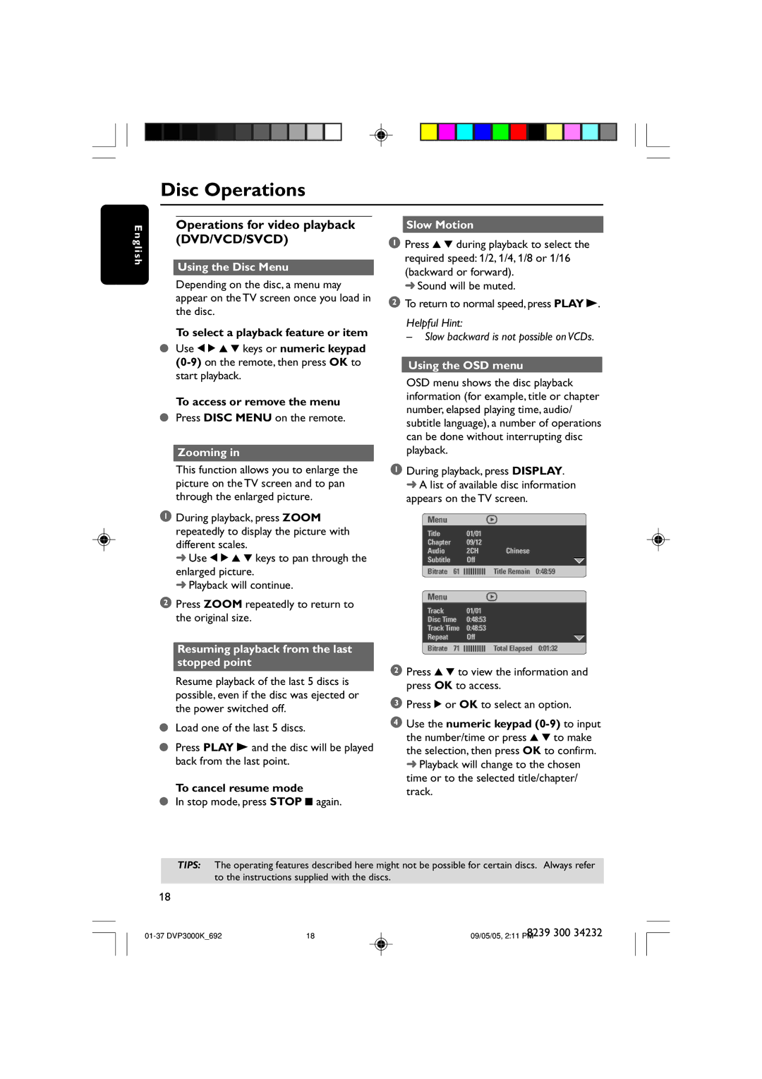 Philips DVP3000K user manual Operations for video playback DVD/VCD/SVCD 