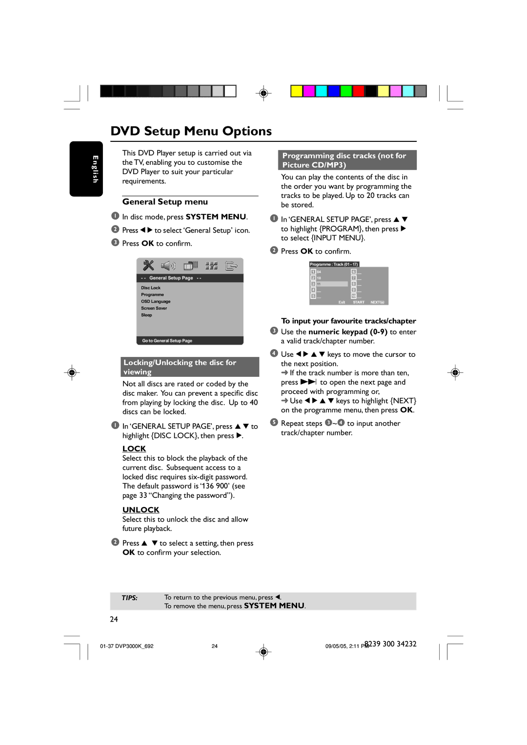 Philips DVP3000K user manual DVD Setup Menu Options, General Setup menu, Lock, Unlock 