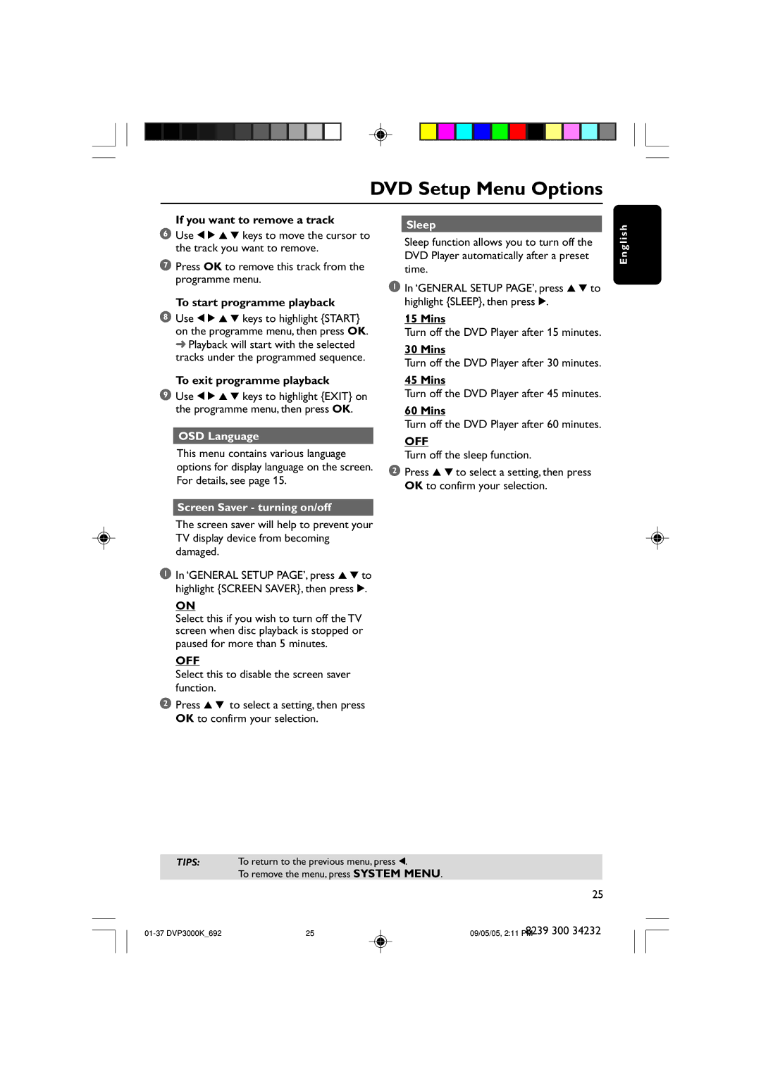 Philips DVP3000K user manual Sleep, Mins, Off 