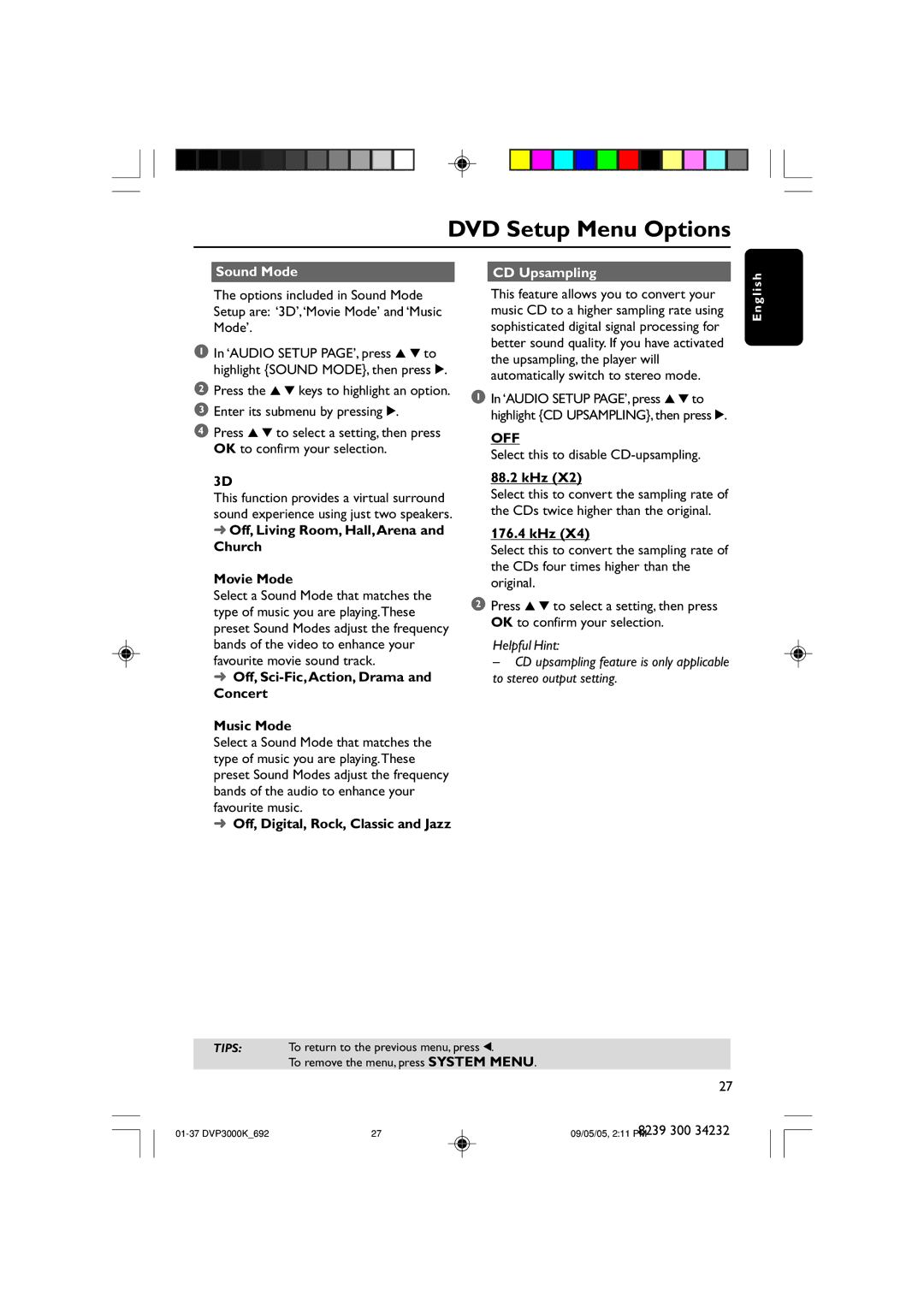 Philips DVP3000K user manual Sound Mode CD Upsampling 