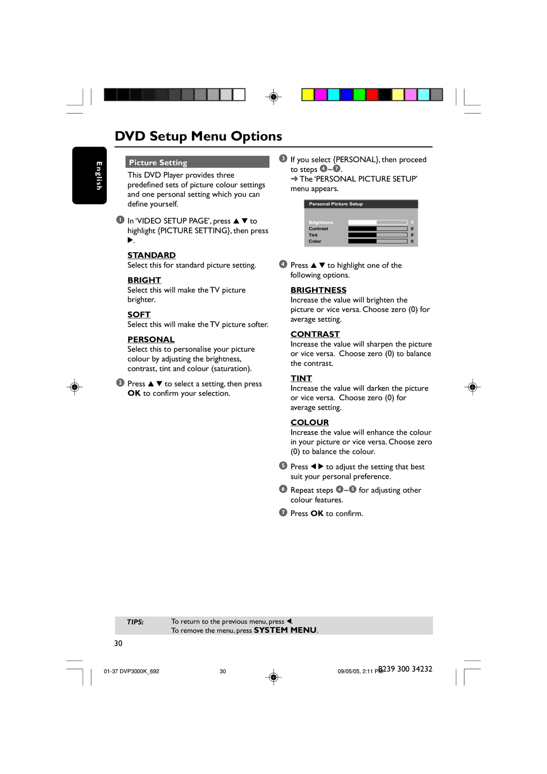 Philips DVP3000K user manual Standard, Soft, Personal, Brightness, Contrast, Tint, Colour 