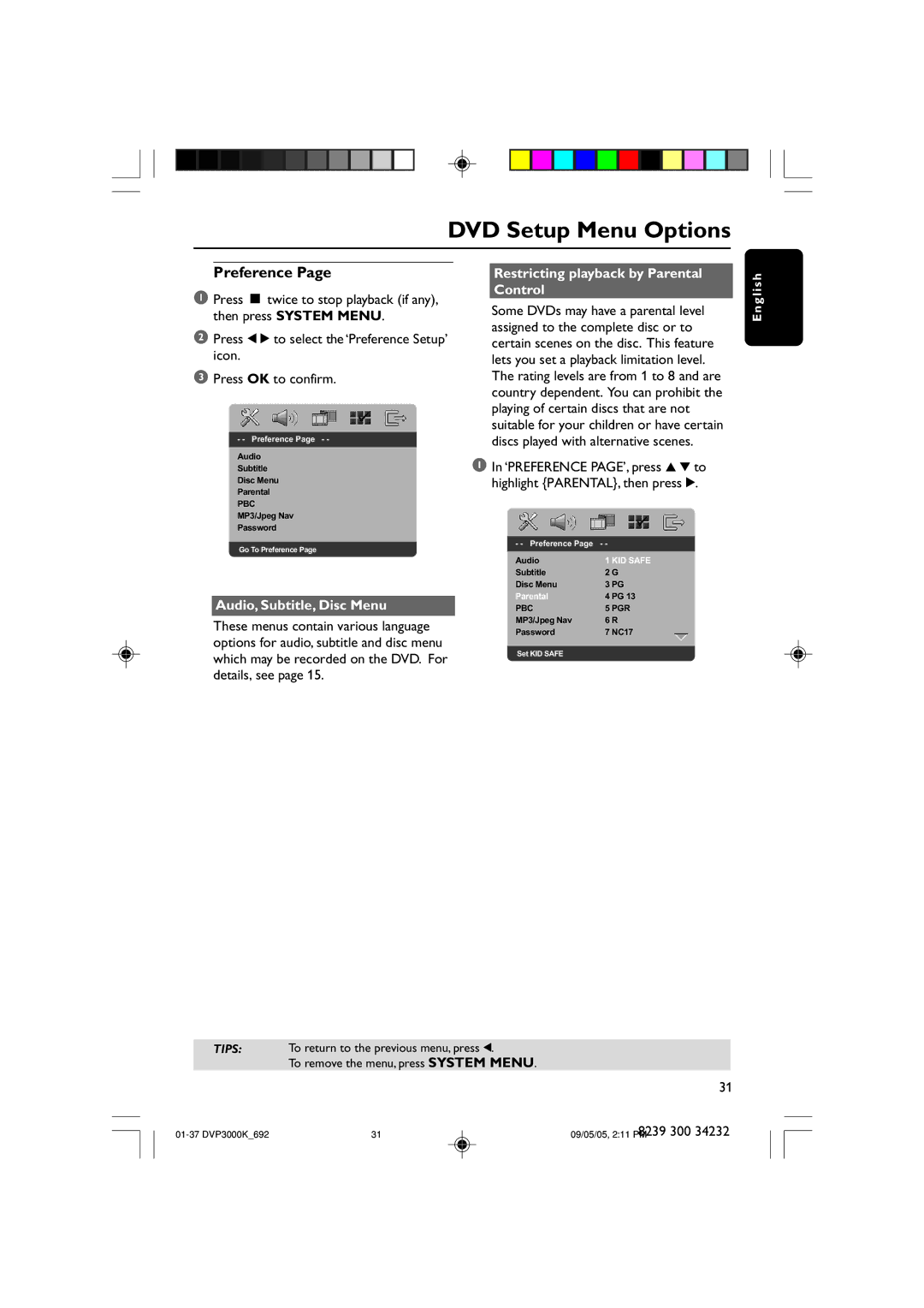 Philips DVP3000K user manual Preference, Audio, Subtitle, Disc Menu, Restricting playback by Parental Control 