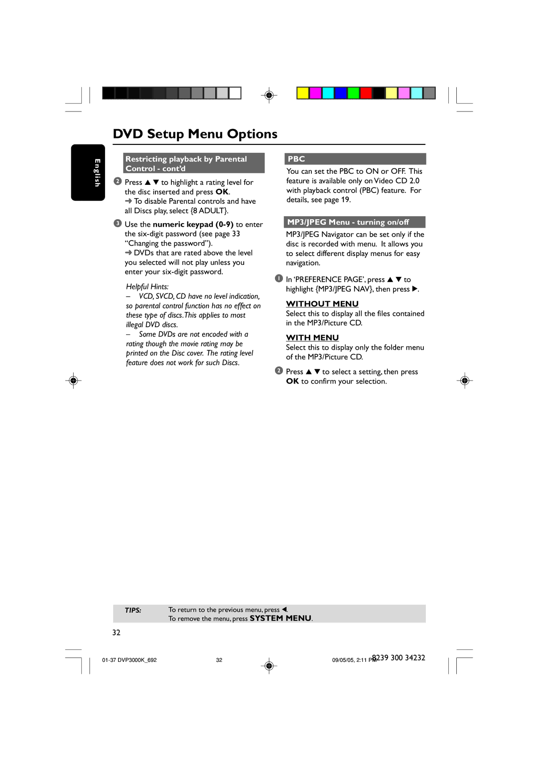 Philips DVP3000K Restricting playback by Parental Control cont’d, MP3/JPEG Menu turning on/off, Without Menu, With Menu 