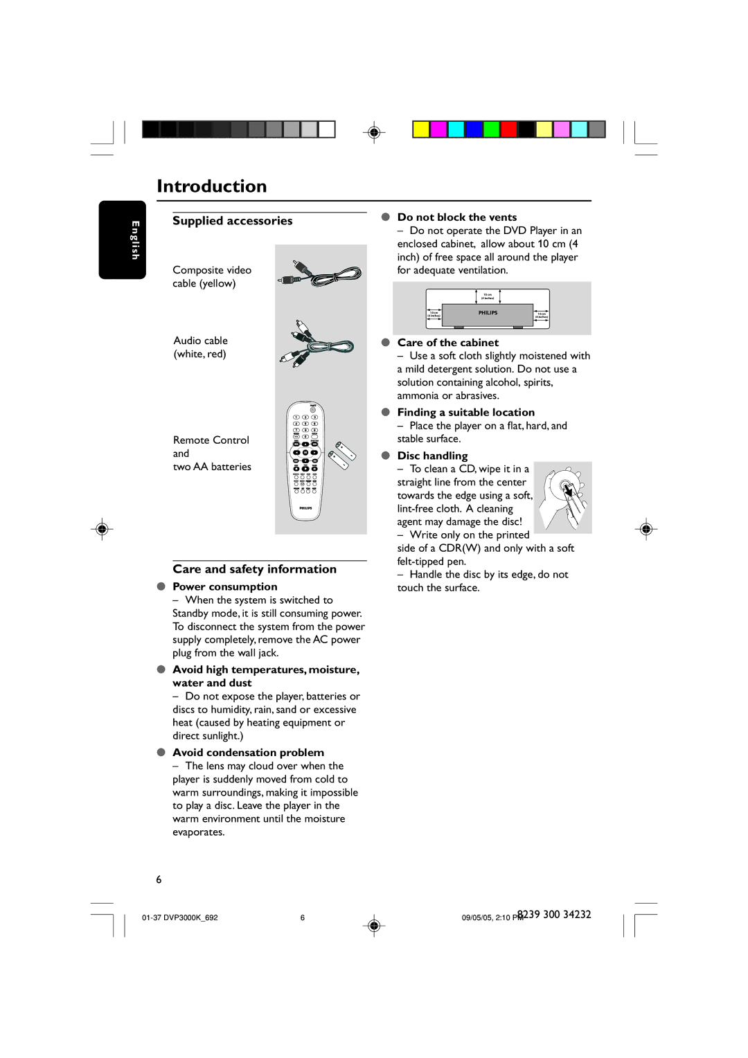 Philips DVP3000K user manual Introduction, Supplied accessories, Care and safety information 