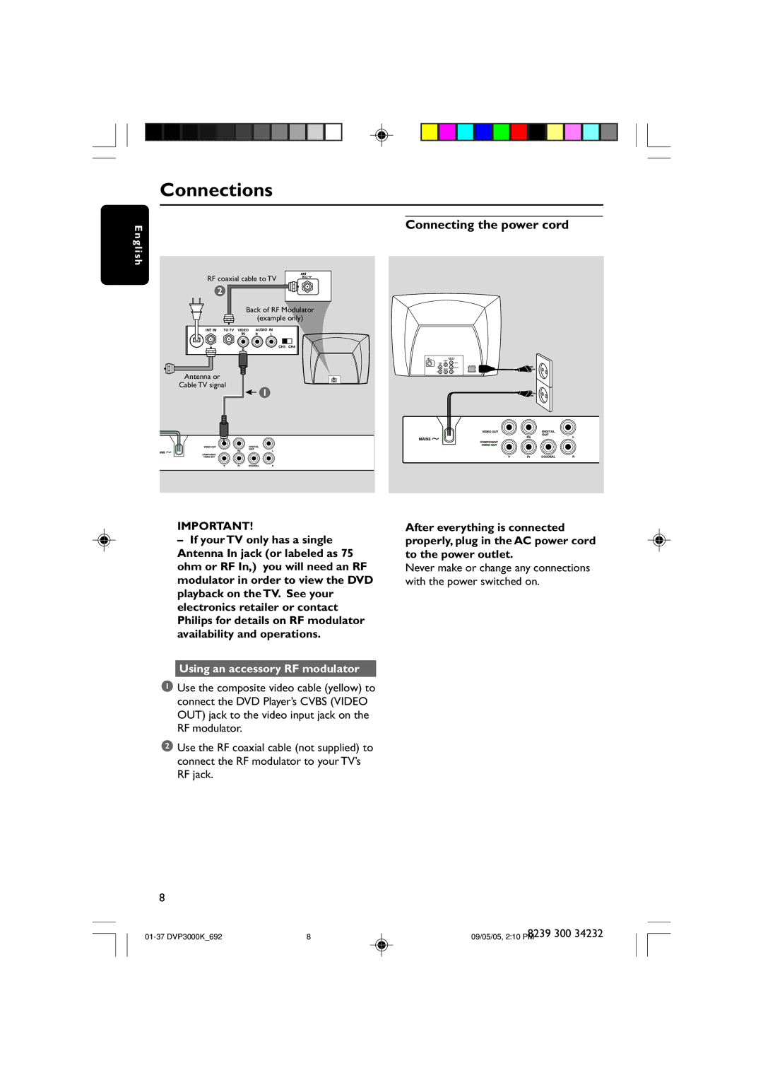 Philips DVP3000K user manual Connections, Connecting the power cord, Using an accessory RF modulator 