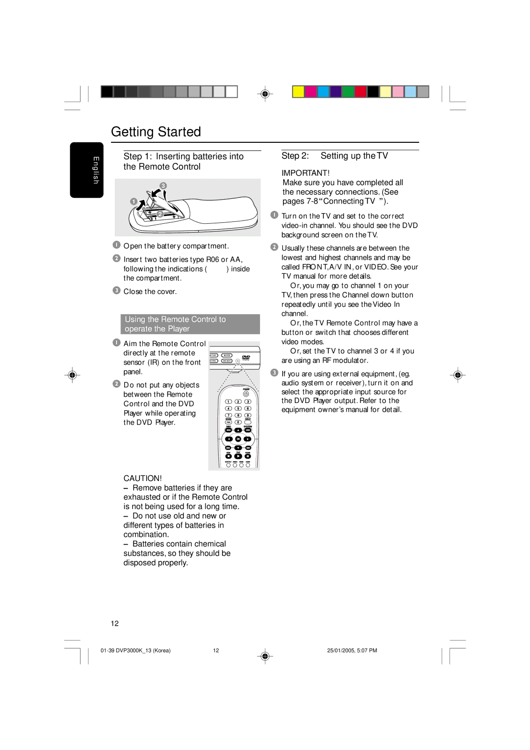 Philips DVP3000K/13, SL-0504/13-1 Getting Started, Inserting batteries into the Remote Control, Setting up the TV 