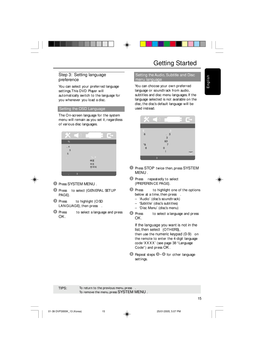 Philips SL-0504/13-1, DVP3000K/13 user manual Setting language preference, Setting the OSD Language 