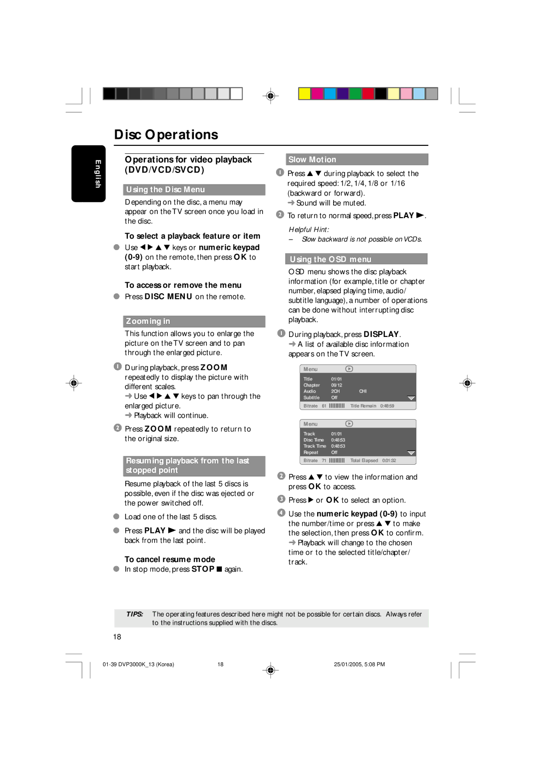 Philips DVP3000K/13, SL-0504/13-1 user manual Operations for video playback DVD/VCD/SVCD 